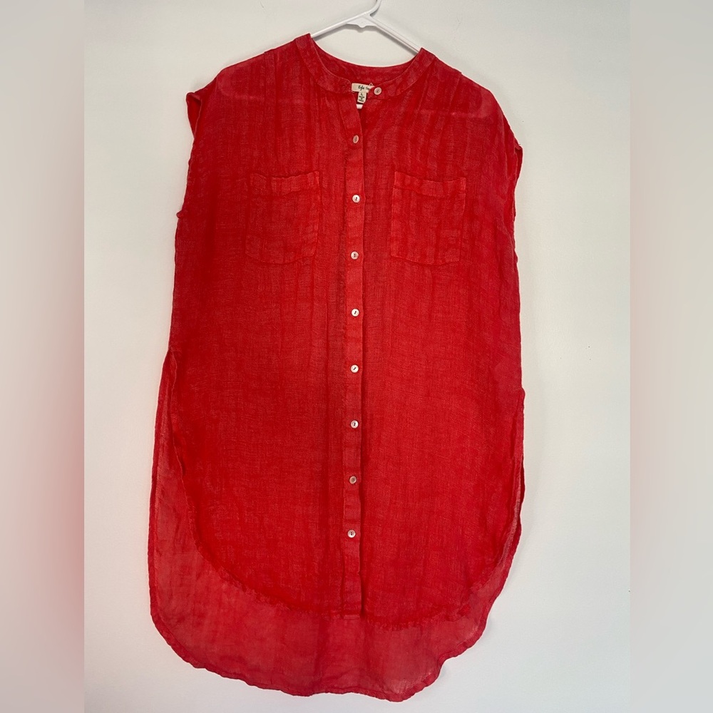 Kyla Seo 100% Linen Button Down Sleeveless Top Orange Red Large Back Embroidery